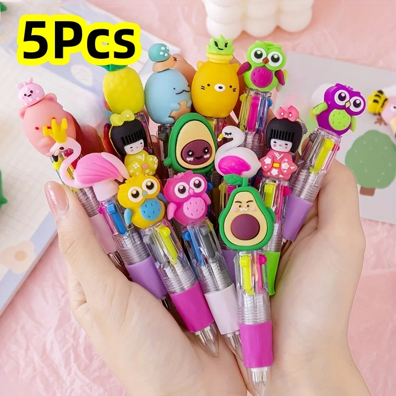 Cute Cartoon 4-Color Mini Ballpoint Pens - Kawaii Unicorn & Flamingo Retractable School Office Stationery, 5–20 Pieces