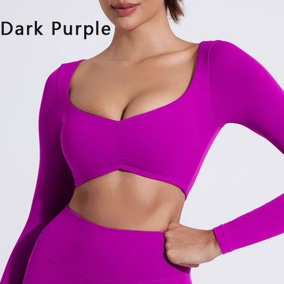 DIAS FIT JOY Women’s Nylon Gym Top – Long-Sleeve Pleated Yoga & Sports T-Shirt, Waist-Fitting Activewear