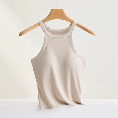 Women’s Threaded Halter Neck Camisole Top – Built-in Bra Slim Fit Elastic Breathable Sling Tank Top with Fixed Cups Underwear Style Basic Wear