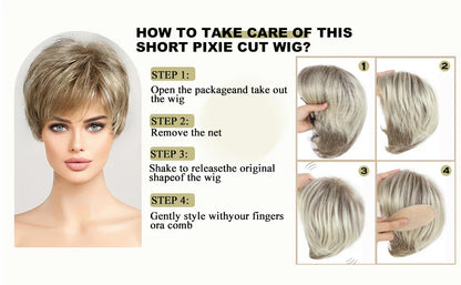 Light Blonde Mixed Off-White Pixie Cut Wig for Women – Bangs with Kanekalon Human-Hair-Like Texture, Natural Layered Hair