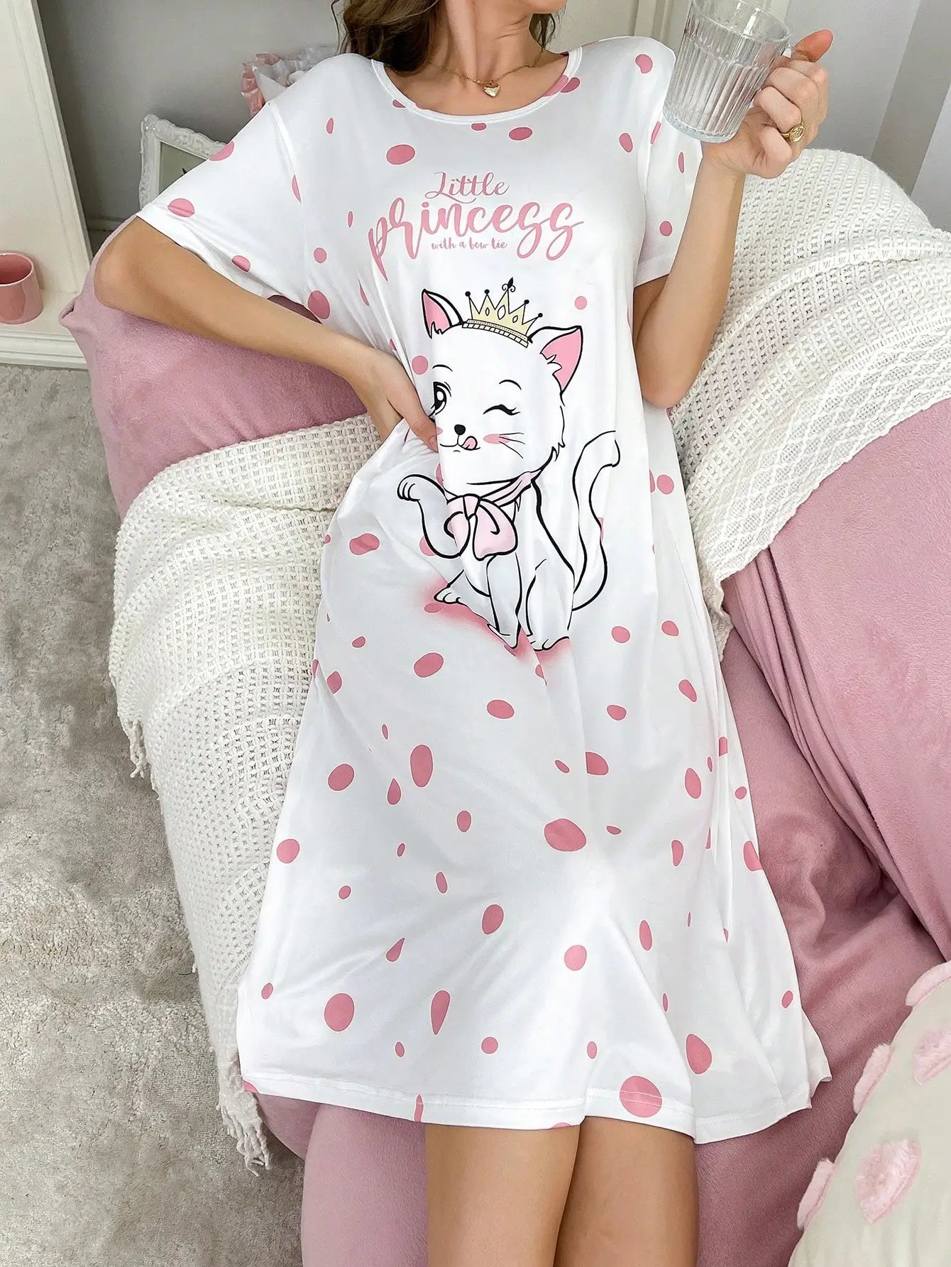 Women's White Cat Print Polka Dot Nightdress with Bow Detail