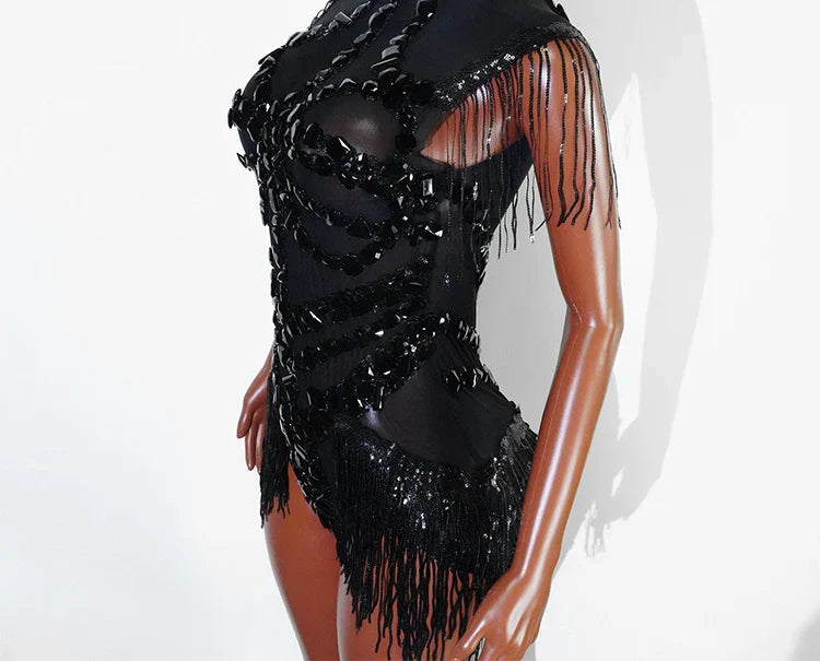 Sexy Shiny Silver Sequin & Black Spandex Jumpsuit — 2025 Women’s Prom, Dancer & Stage Performance Costume