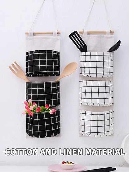 Three-Pocket Hanging Wall Storage Bag – Cotton Linen Organizer for Bedroom, Living Room & Kitchen