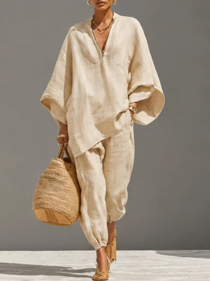 Women’s Linen Casual Set - Summer Loose Deep V-Neck Batwing Sleeve Nine-Piece Solid Color Outfit