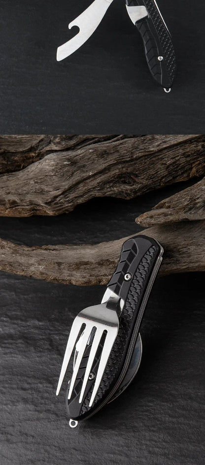 Portable Stainless Steel Camping Cutlery Set – Foldable Spoon, Fork, Knife & Bottle Opener Multitool