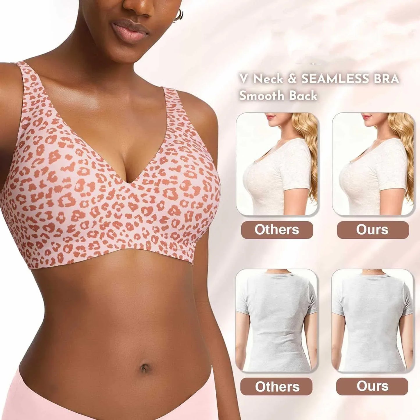 Women’s Pink Leopard Print Bra – Seamless Wire-Free Full Cup Underwear, Soft Support, Breathable Deep V Design