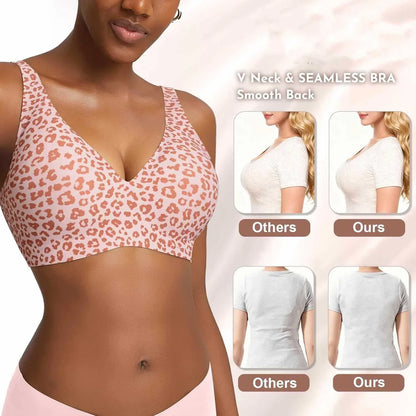 Women’s Pink Leopard Print Bra – Seamless Wire-Free Full Cup Underwear, Soft Support, Breathable Deep V Design