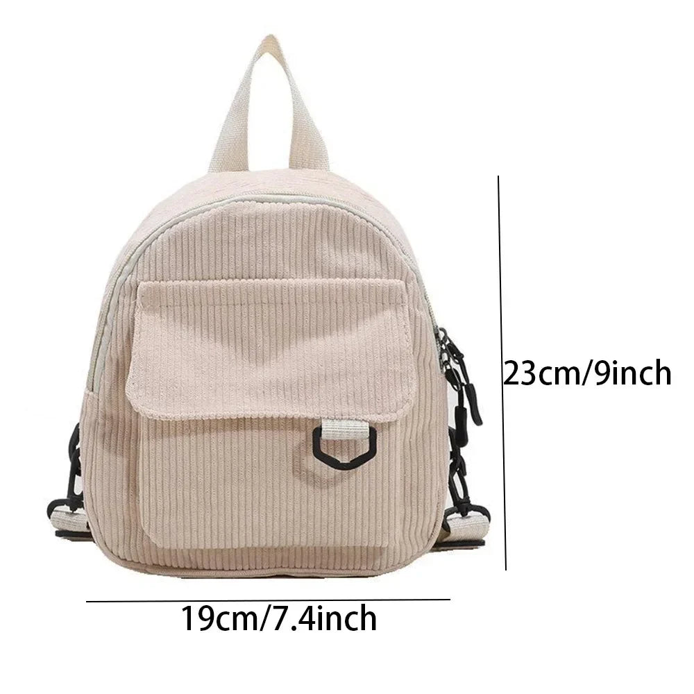 Women's Mini Backpack - Fashionable Solid Color Corduroy Casual Schoolbag with Large Capacity