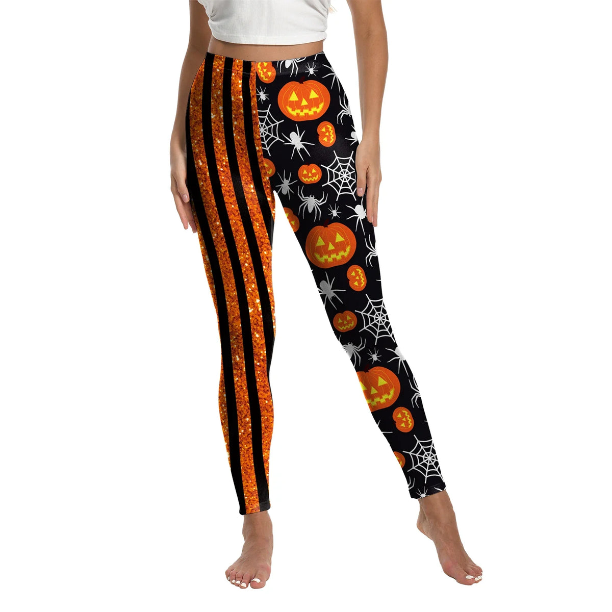 Women’s Halloween Leggings - Spooky Pumpkin Stripe Graphic Stretch Pants for Parties & Workouts