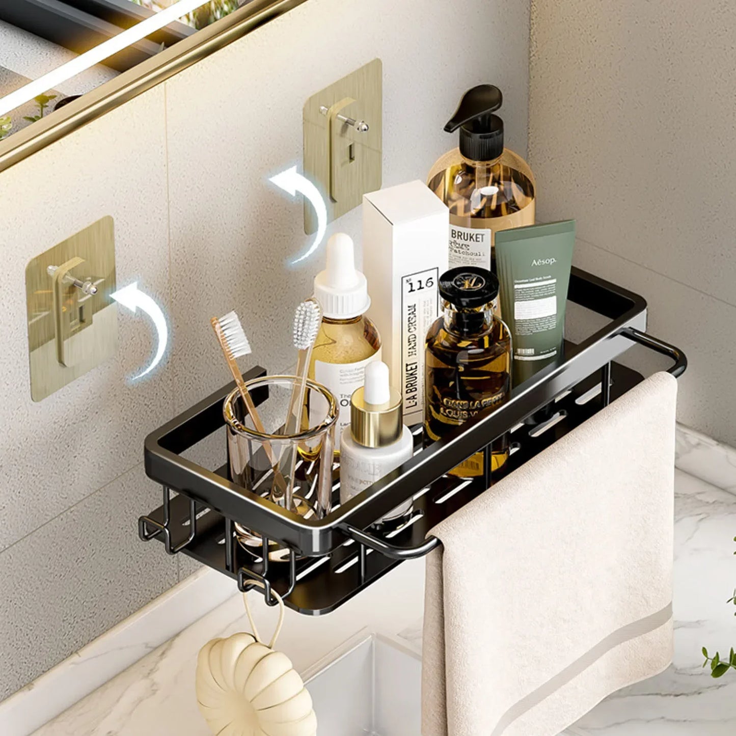 No Drill Wall-Mounted Bathroom Shelf, Shampoo Bottle Shower Corner Rack, Aluminum Toilet & Kitchen Storage Accessory