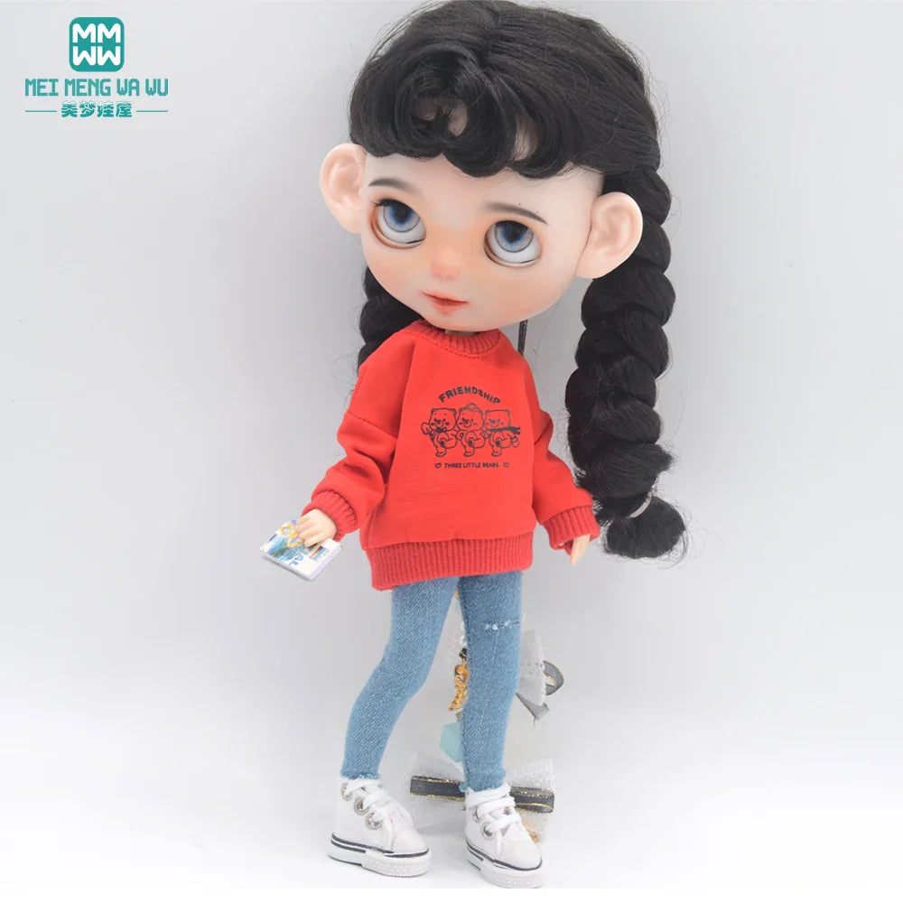 Blythe Doll Clothes – Fashion Tops, Black & White Shirts with Jeans & Plaid Pants for Azone OB22/OB24 Dolls