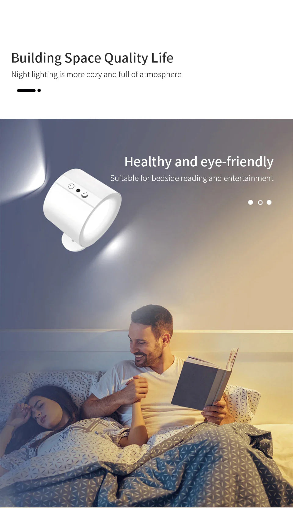 LED Wall Sconces Light – Touch Control Double Head Wall Lamp, 360° Rotatable, 3 Colors, Wireless Night Lights for Bedroom
