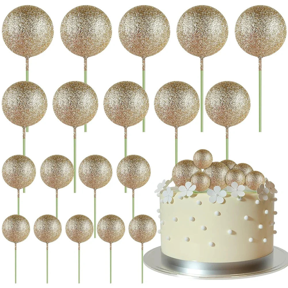 20Pcs Colorful Cake Topper Balls – Gold, Silver & Pastel DIY Cake Decorations for Birthday, Wedding & Party Supplies