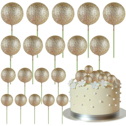 20Pcs Colorful Cake Topper Balls – Gold, Silver & Pastel DIY Cake Decorations for Birthday, Wedding & Party Supplies