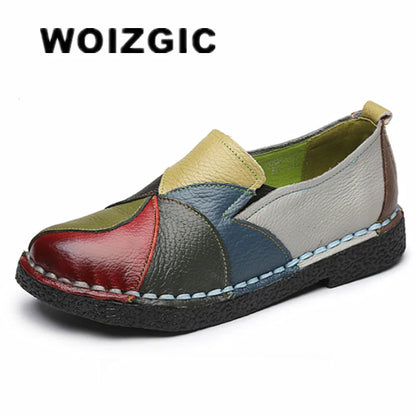WOIZGIC Women’s Genuine Leather Loafers – Colorful Non-Slip Moccasin Flats Plus Size 42