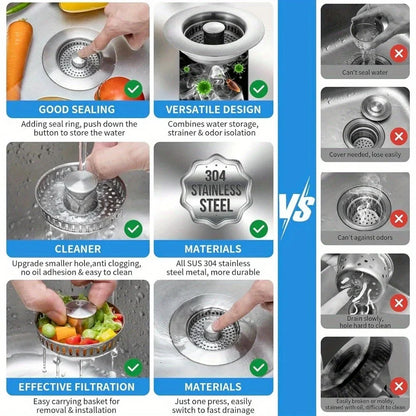 3-in-1 Stainless Steel Kitchen Sink Strainer - Pop-Up Drain Stopper with Anti-Clogging Basket & Odor Filter
