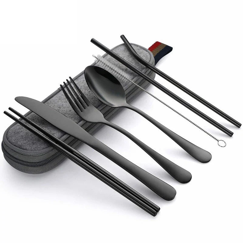 8-Piece Reusable Travel Cutlery Set — Stainless Steel Spoon, Fork, Chopsticks & Straw with Portable Case