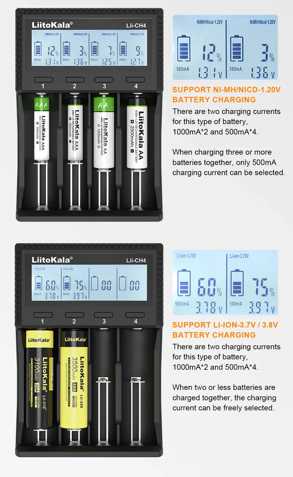 LiitoKala Lii-S8 Lii-S12 CH4 Multi-Function Battery Charger – 18650, 26650, 21700, 26700, AA, AAA Li-ion, NiMH, LiFePO4 Compatible