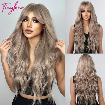 Orange Copper Ginger Long Wavy Synthetic Wig – Red & Yellow Wig with Bangs, Cosplay Body Wave, Heat-Resistant Hair for Women