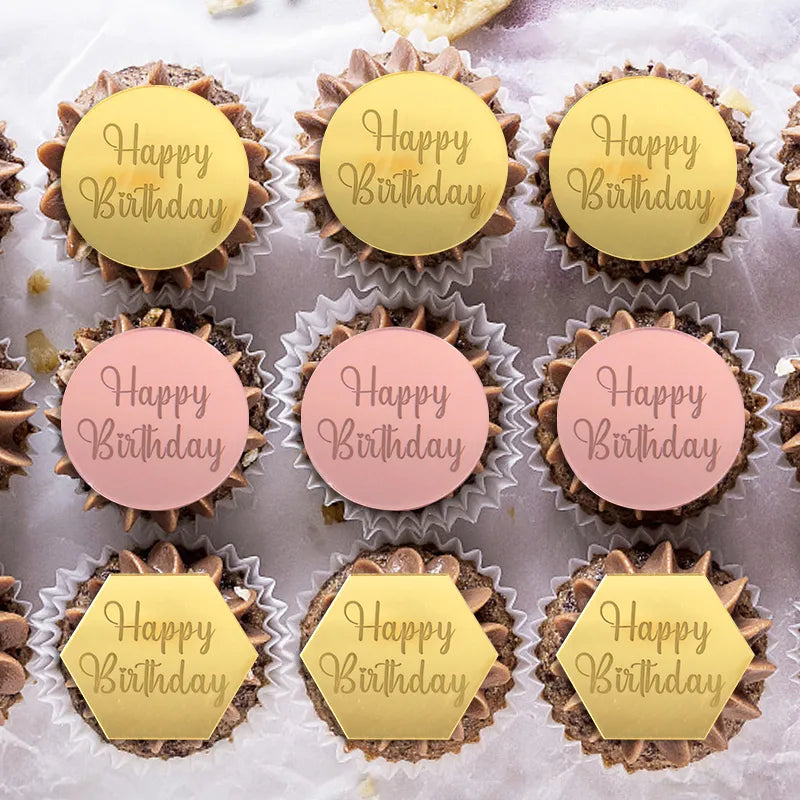 10Pcs Rose Gold Acrylic Cake Toppers - Round 'Happy Birthday' Decor for Cakes & Cupcakes, Elegant Party & Dessert Accessories