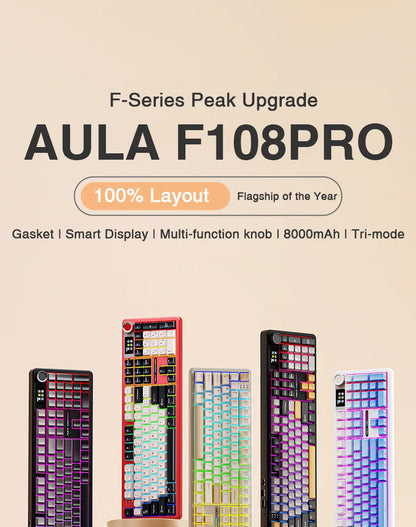 AULA F108 Pro Full-Size Gaming Keyboard – Wireless Bluetooth, Hot-Swappable Gasket Mount, Macro Keys, TFT Smart Display