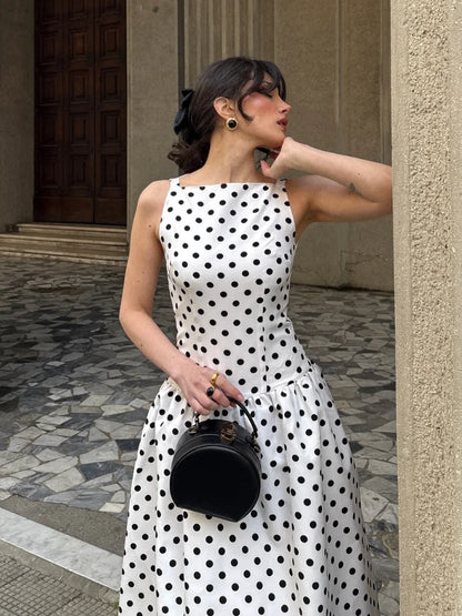 Elegant Women’s Polka Dot Maxi Dress – Chic Sleeveless Round Neck High Waist Slim Fit Vestido for Party & Street, 2025 New