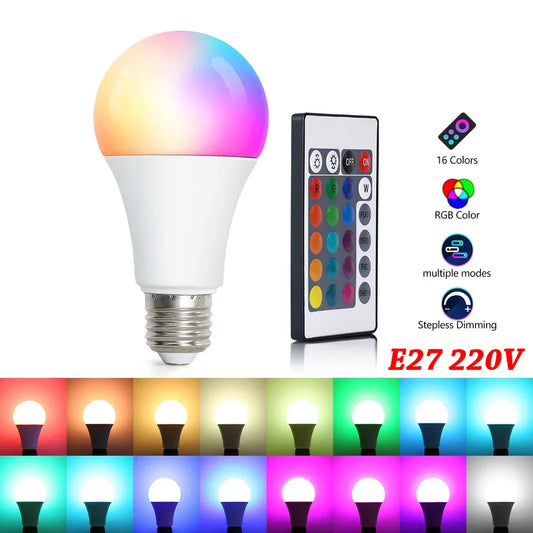 16-Color RGB LED Bulb E27 – Dimmable Multicolor 220V Household Lighting with 24-Key Remote & Neon Atmosphere Light