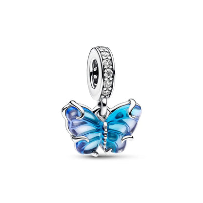 925 Silver Butterfly Dangle Charm – Blue & Yellow Glass for 3mm Original Bracelet, DIY Jewelry Gift
