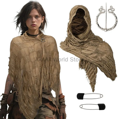 Medieval Renaissance Hooded Cloak – Halloween Costume Cape Wrap with Brooch, Cowl Scarf for Rogue Cosplay