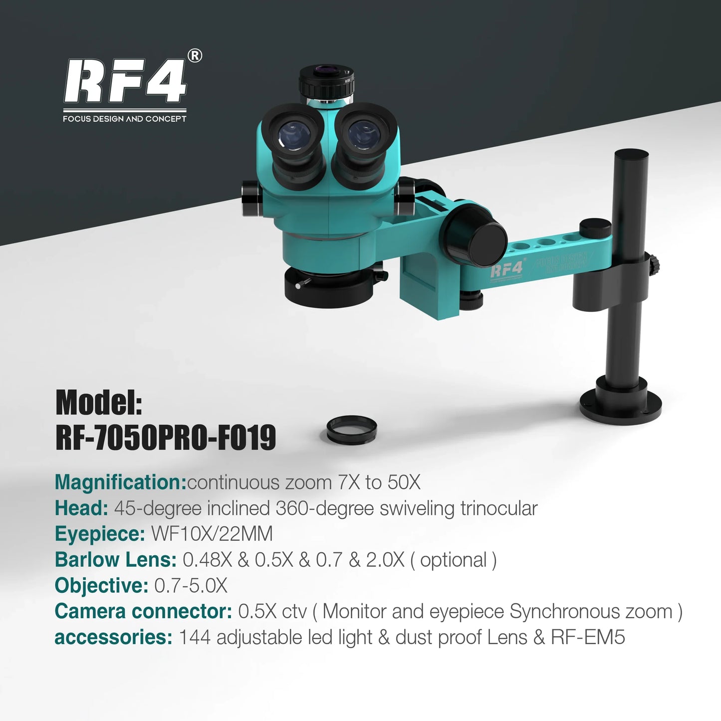 RF4 Trinocular Stereo Microscope Set – 360° Rotation Articulating Arm Stand, Phone Soldering & PCB Repair, Model RF7050TVPRO-F019
