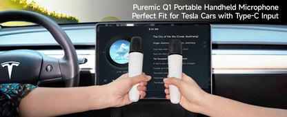 Q1 Tesla Wireless Handheld Microphone – Karaoke Mic with 4 Joy Effects, Rechargeable, Type-C Receiver & USB Converter