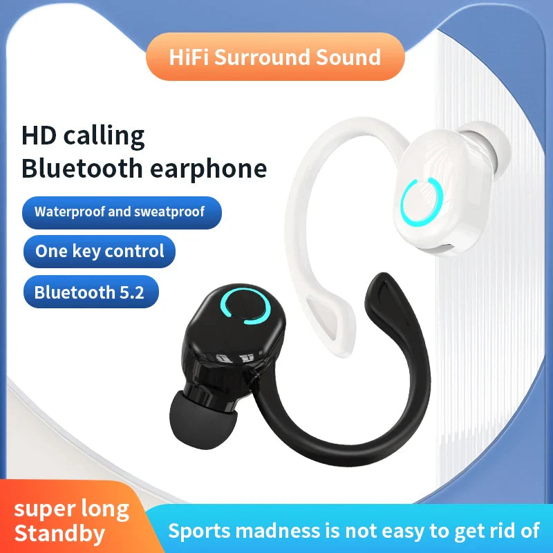 Wireless Bluetooth Earphones – HiFi Bass Ear-Hook Earbuds with HD Mic, Noise Cancelling, Waterproof Sports Gaming Headset