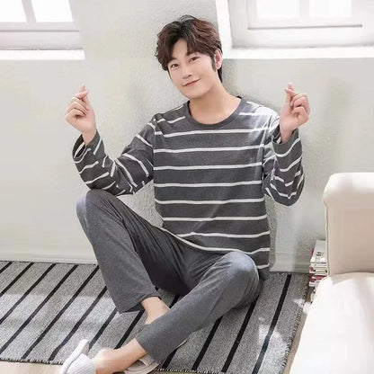 Men's Summer 2024 Long-Sleeve Pyjama Set — Black Plaid Two-Piece Home & Casual Wear, Large Size