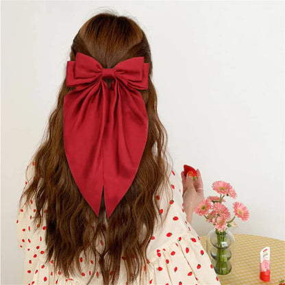 8 Ladies Satin Ribbon Bow Hair Clips – Oversized White, Pink, Red, Blue, Black Long Tail, Spring Clip for Ponytail Hair Accessories