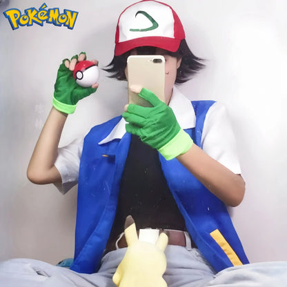 Cartoon Anime Ash Ketchum Trainer Blue Jacket Costume with Hat & Gloves for Kids Pokémon Go Cosplay Party