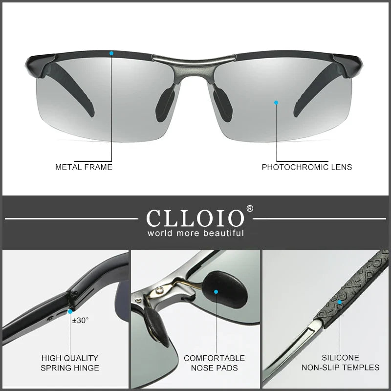 CLLOIO Aluminum Photochromic Sunglasses – Polarized Day & Night Chameleon Glasses for Men, Anti-Glare, UV Protection, Color Changing Sun Glasses