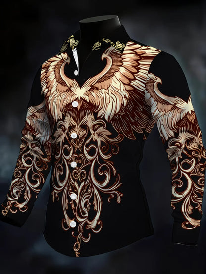 Men’s Geometric Diamond Wings Shirt - Orange Bottom Printed Long Sleeve Satin Collar Dress Shirt