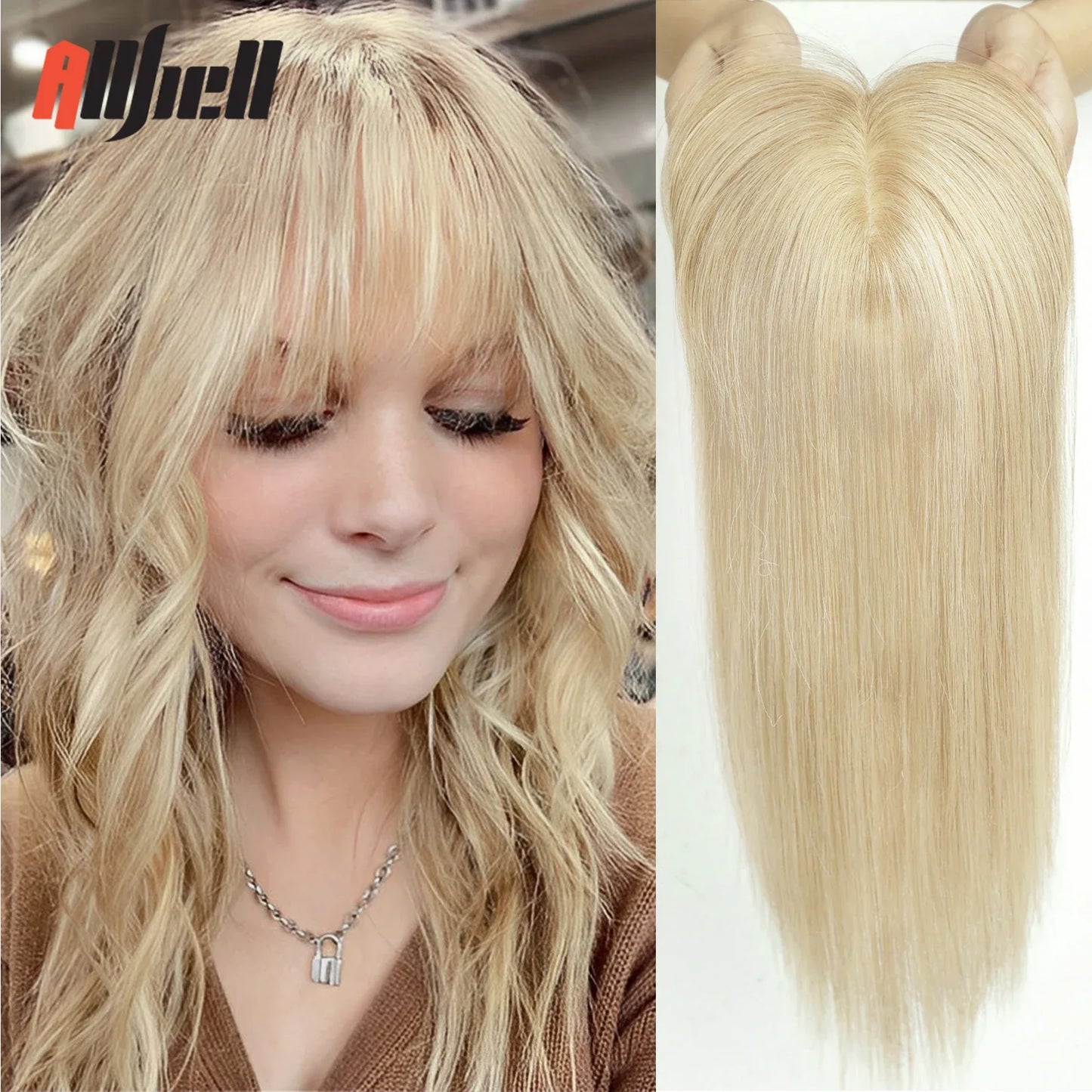 Brown Blonde Ombre Human Hair Toppers for Women – 10/12/14 Inches with Silk Base, Clips, and Bangs