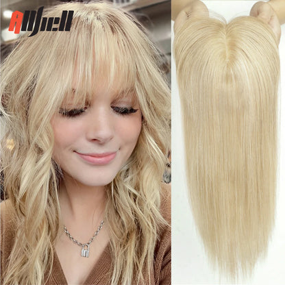 Brown Blonde Ombre Human Hair Toppers for Women – 10/12/14 Inches with Silk Base, Clips, and Bangs