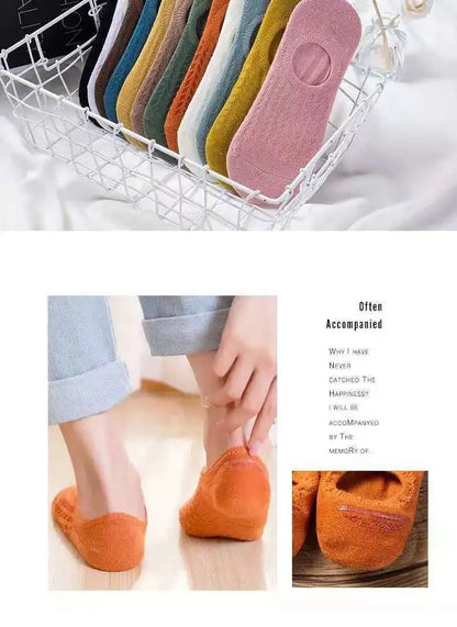 5 Pairs Women's Silicone Invisible Boat Socks - Summer Solid Color Ankle Socks, Soft Cotton Slipper, Size 35-40 EUR