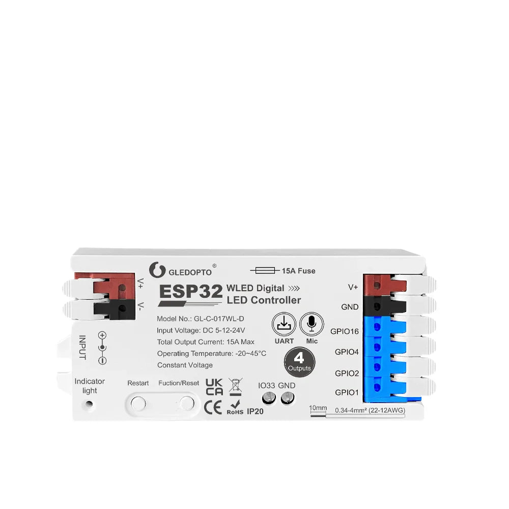 ESP32 WLED LED Strip Controller 4-Channel 15A Fuse, Level Shifter UART DIY Smart Lighting Module with Voice Control Support