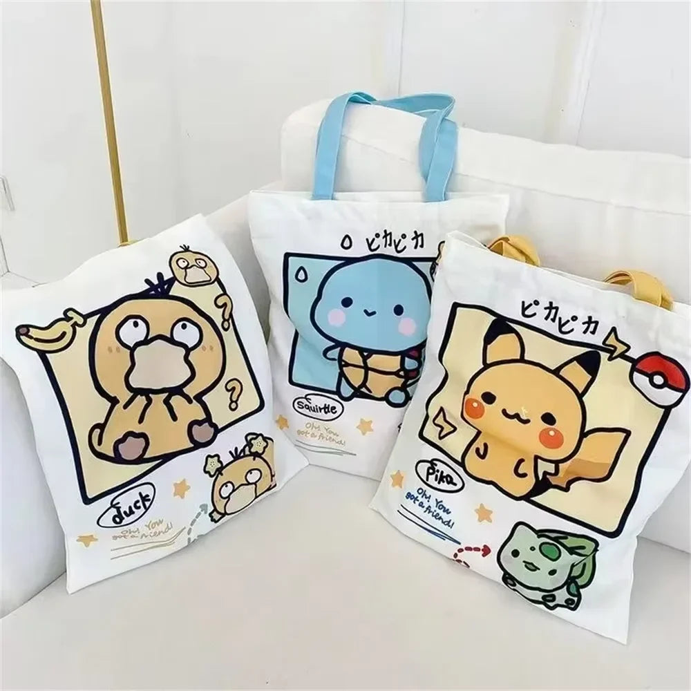 Pokemon Canvas Shoulder Bag - Pikachu Psyduck Squirtle Large Capacity Reusable Casual Handbag for Women Shopping