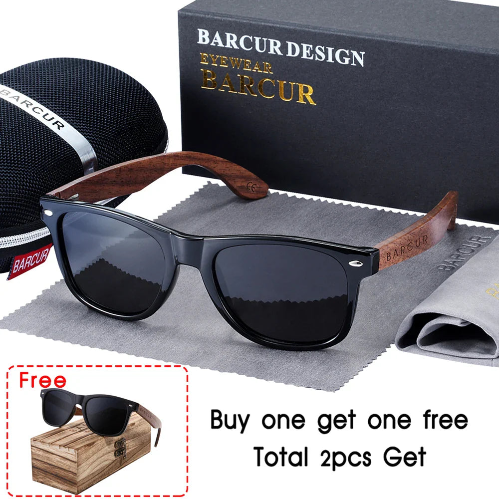BARCUR Black Walnut Wood Polarized Sunglasses for Men – High-Quality Square UV400 Eyewear with Original Box