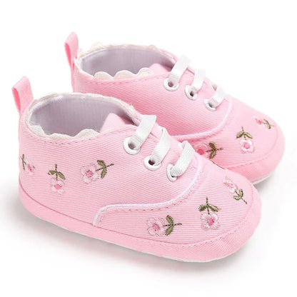 Baby Girl Pre-Walker Shoes - Floral Embroidery Bow Princess Sneakers, Soft Sole Casual Footwear 0–18M