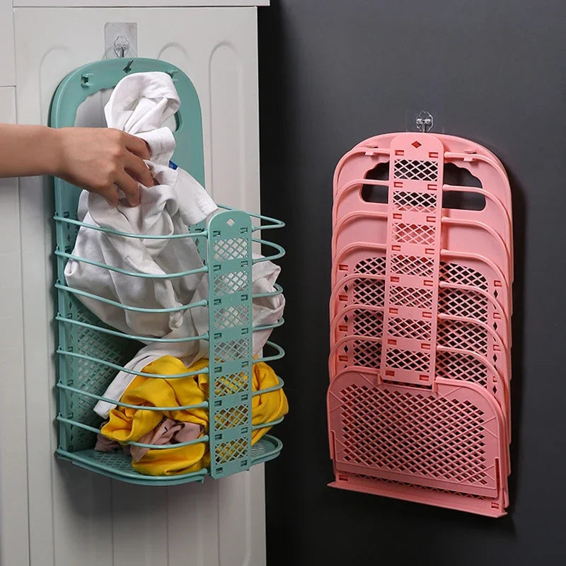 Foldable Plastic Laundry Basket – Wall-Mounted Non-Perforated Clothes Storage for Bathroom