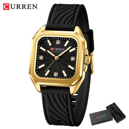 CURREN Square Women’s Quartz Watch - Casual Silicone Strap Fashion Wristwatch with Gift Box