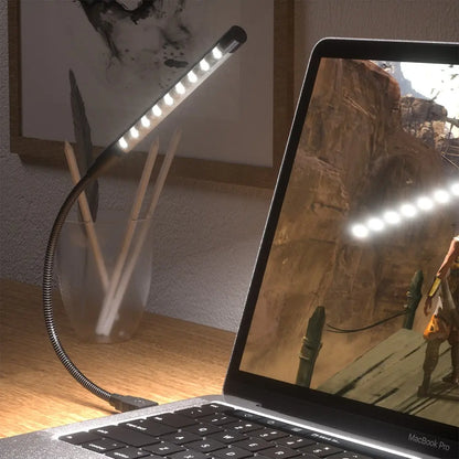 Flexible LED Night Light - Silver/Black Metal, USB Powered, 10 LED Book Reading Light for Laptops and Notebooks