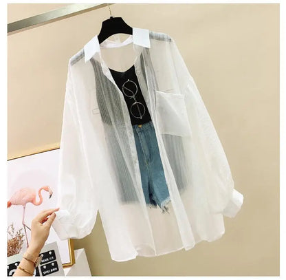 Summer Sunscreen Shirt – Elegant Thin Chiffon Korean Harajuku See-Through Loose Blouse & Casual Women’s Cardigan