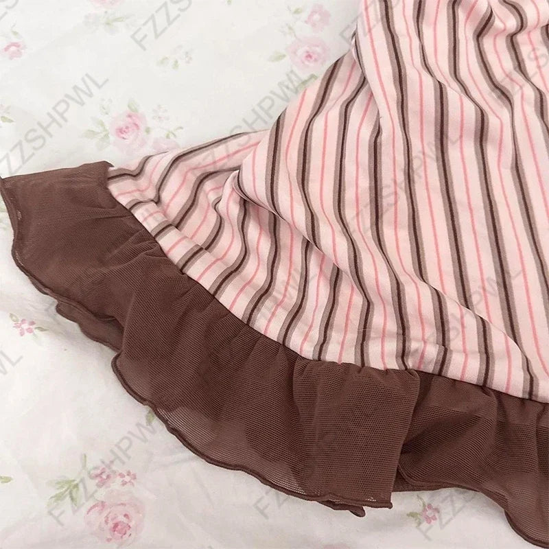 Y2K Harajuku Striped Bow Camisole Crop Top - Retro Kawaii Women's Streetwear