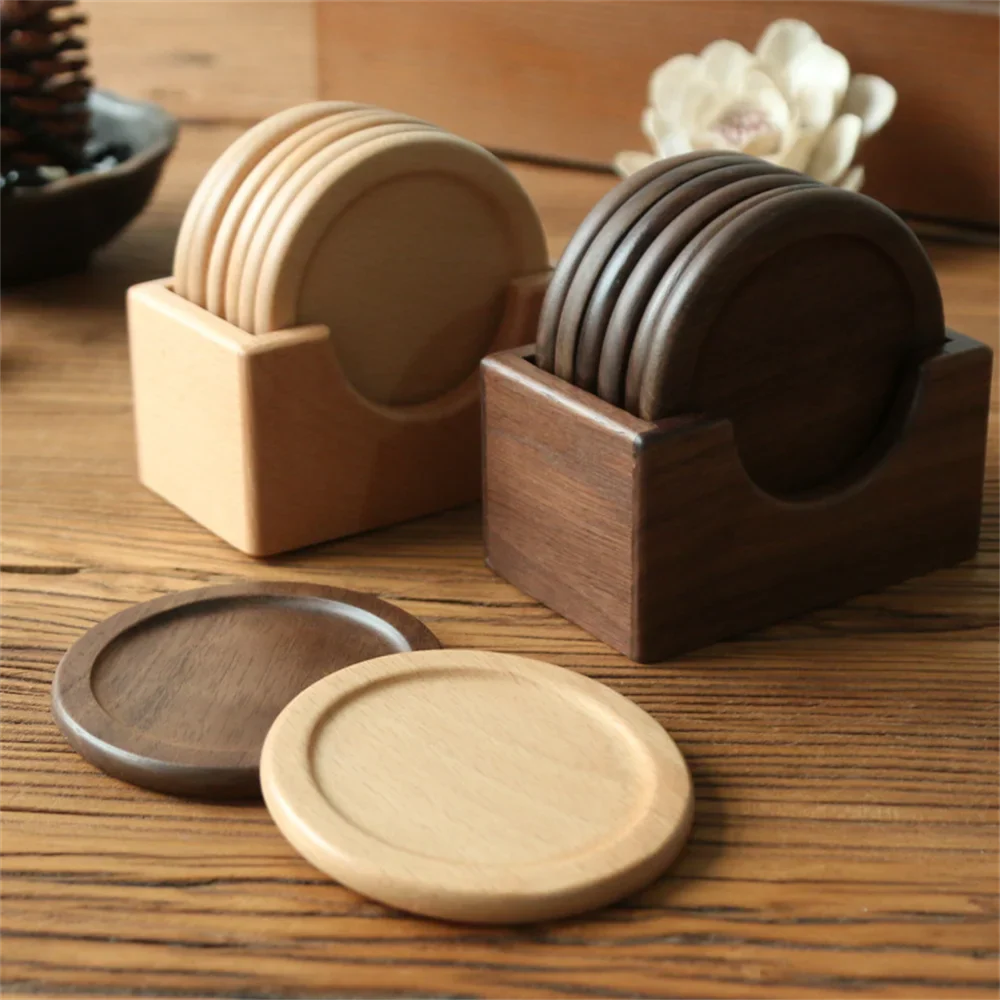 6PCS Walnut Wood Coasters Set — Round Insulated Japanese Beverage Placemats, Decorative Home Decor